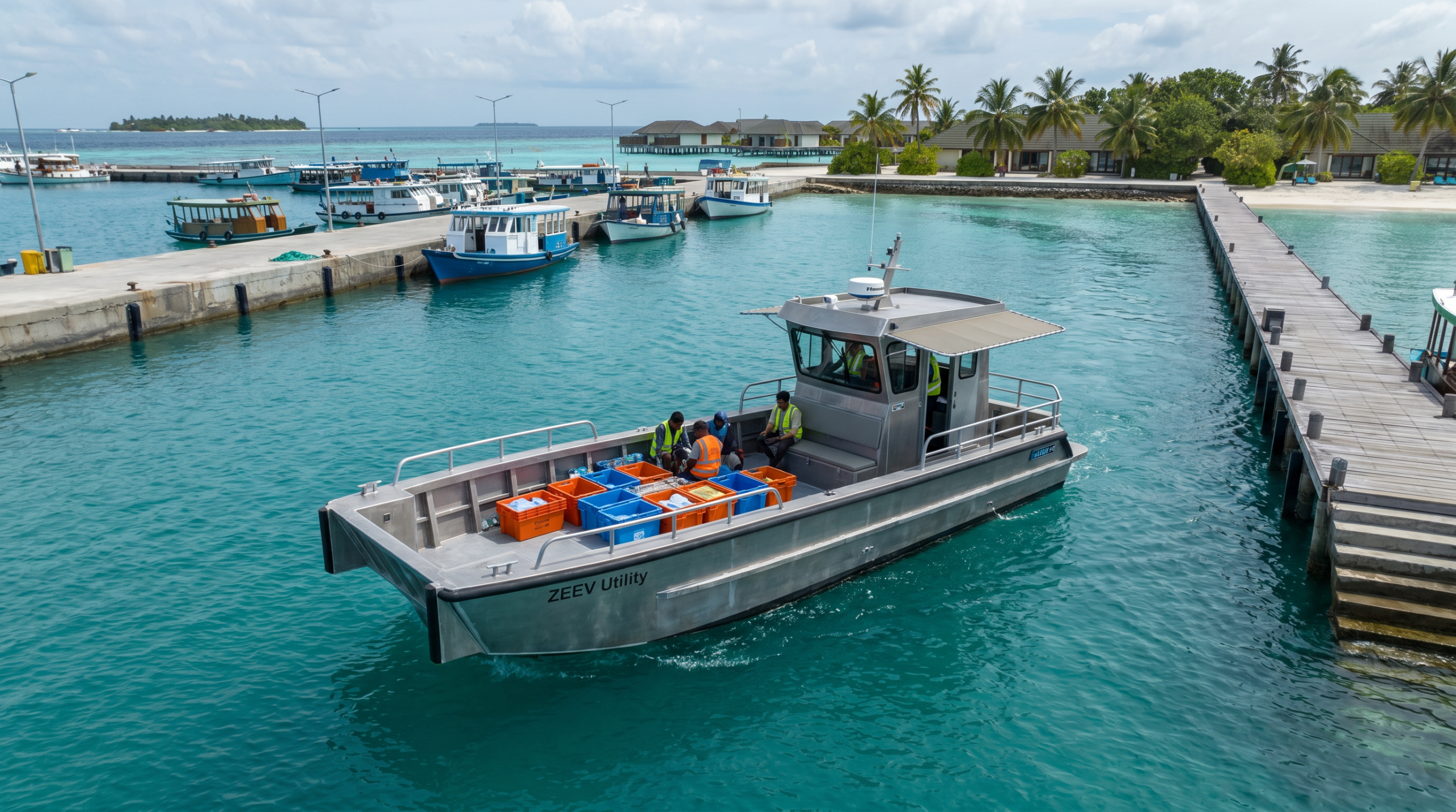 Electric service vessel for staff movement and resort operational routes