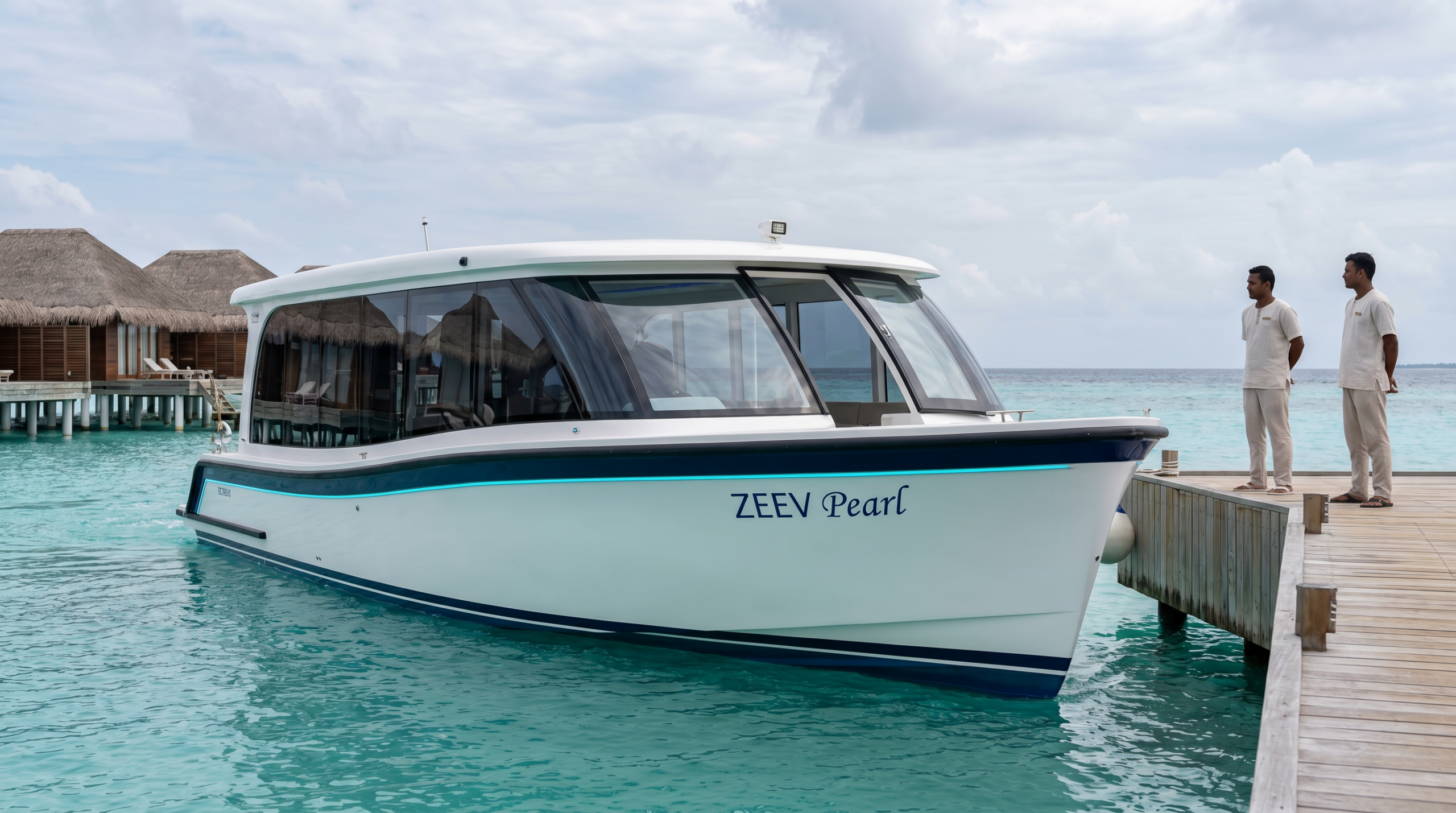 Premium electric resort guest transfer vessel arriving at a Maldives jetty