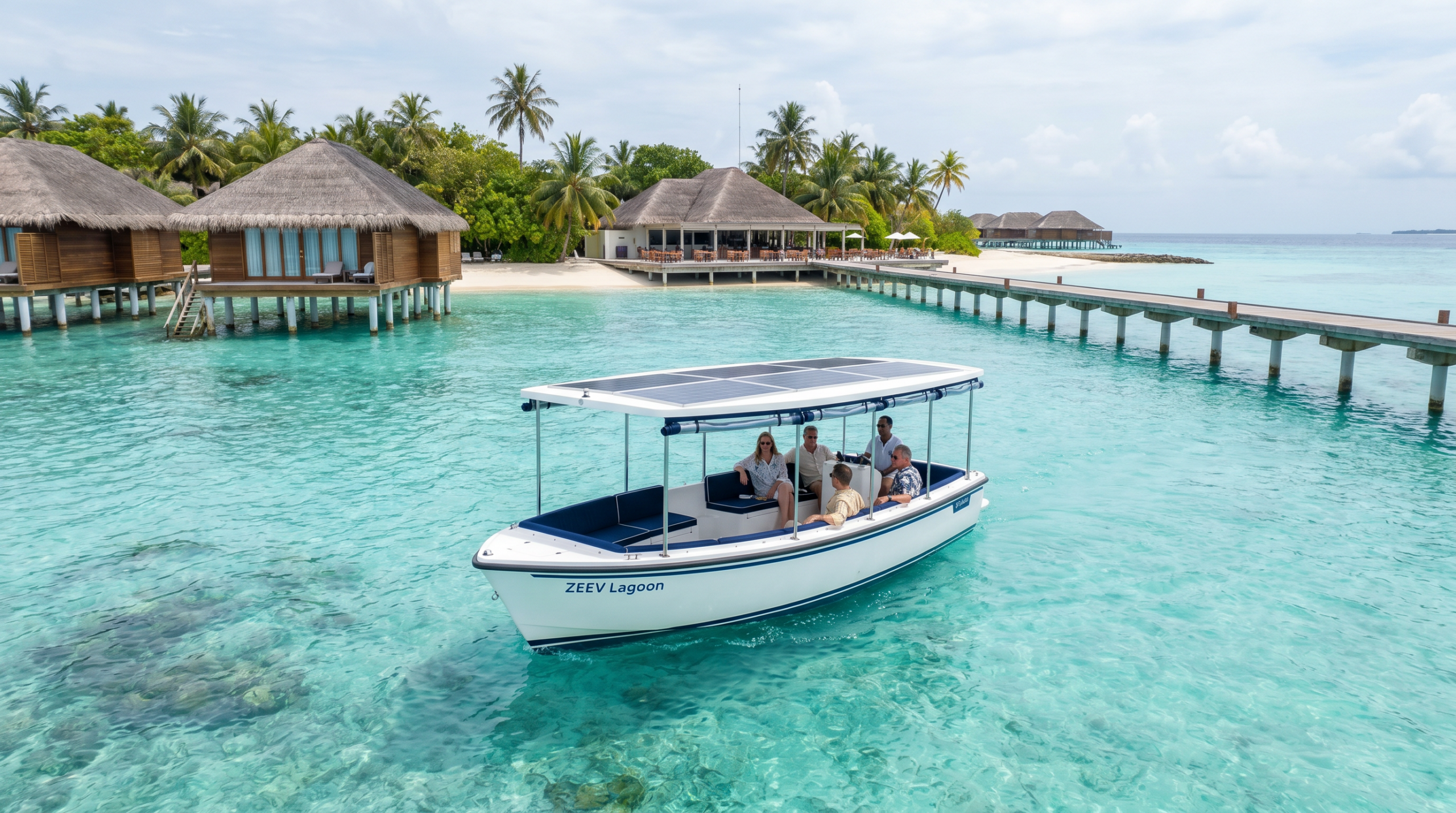 Electric lagoon mobility vessel moving inside a Maldives resort lagoon